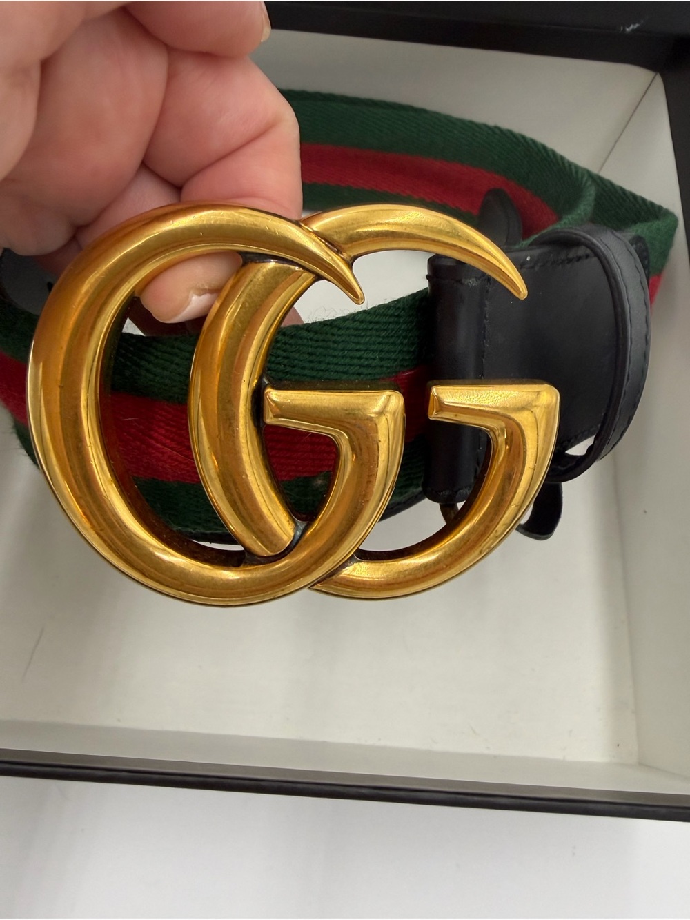 Gucci Women’s Black Leather & Web Stripe Belt with Gold Double G Buckle 85-34 - Picture 3 of 9